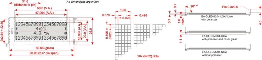 Mechanical Drawing - DISPLAY VISIONS EA OLEDM204 OLED Display Modules