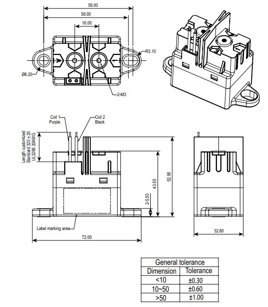 Mechanical Drawing - TE Connectivity ECP40B High-Voltage DC Contactors
