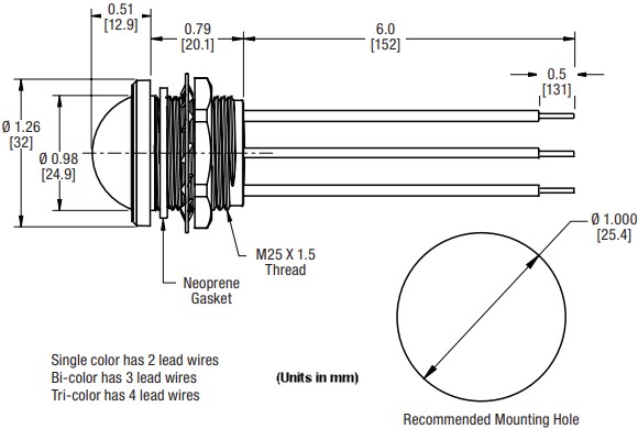 Mechanical Drawing - Dialight 658 Series Single Color Panel Mount Indicators