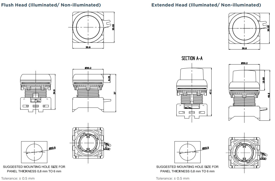 Mechanical Drawing - TE Connectivity / Alcoswitch IPE Push Button Switches