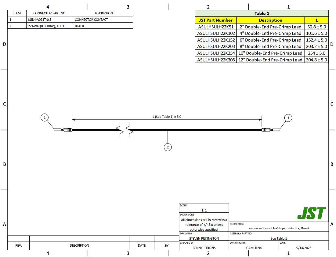 Mechanical Drawing - JST Connectors ULH Automotive Rectangular Cable Assemblies