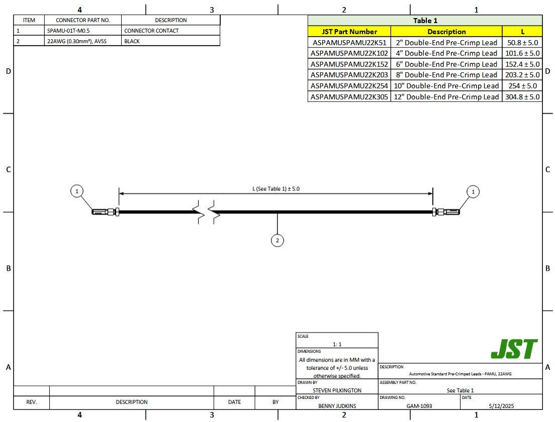 Mechanical Drawing - JST Connectors PAMU Automotive Rectangular Cable Assemblies
