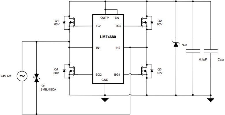 Application Circuit Diagram - Texas Instruments LM74680 Ideal Diode Bridge Controller