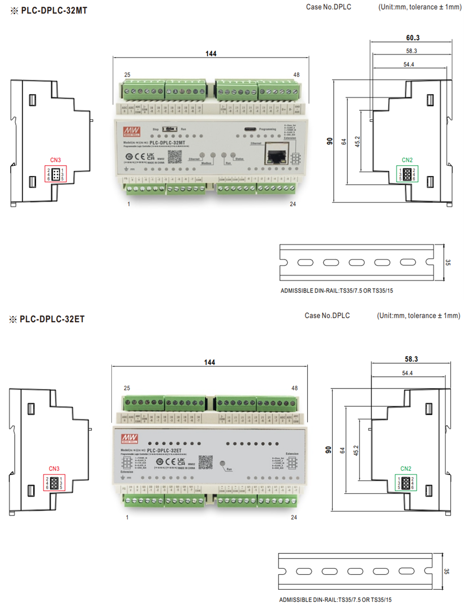 Mechanical Drawing - MEAN WELL PLC-DPLC-32MT/ET Programmable Logic Controllers