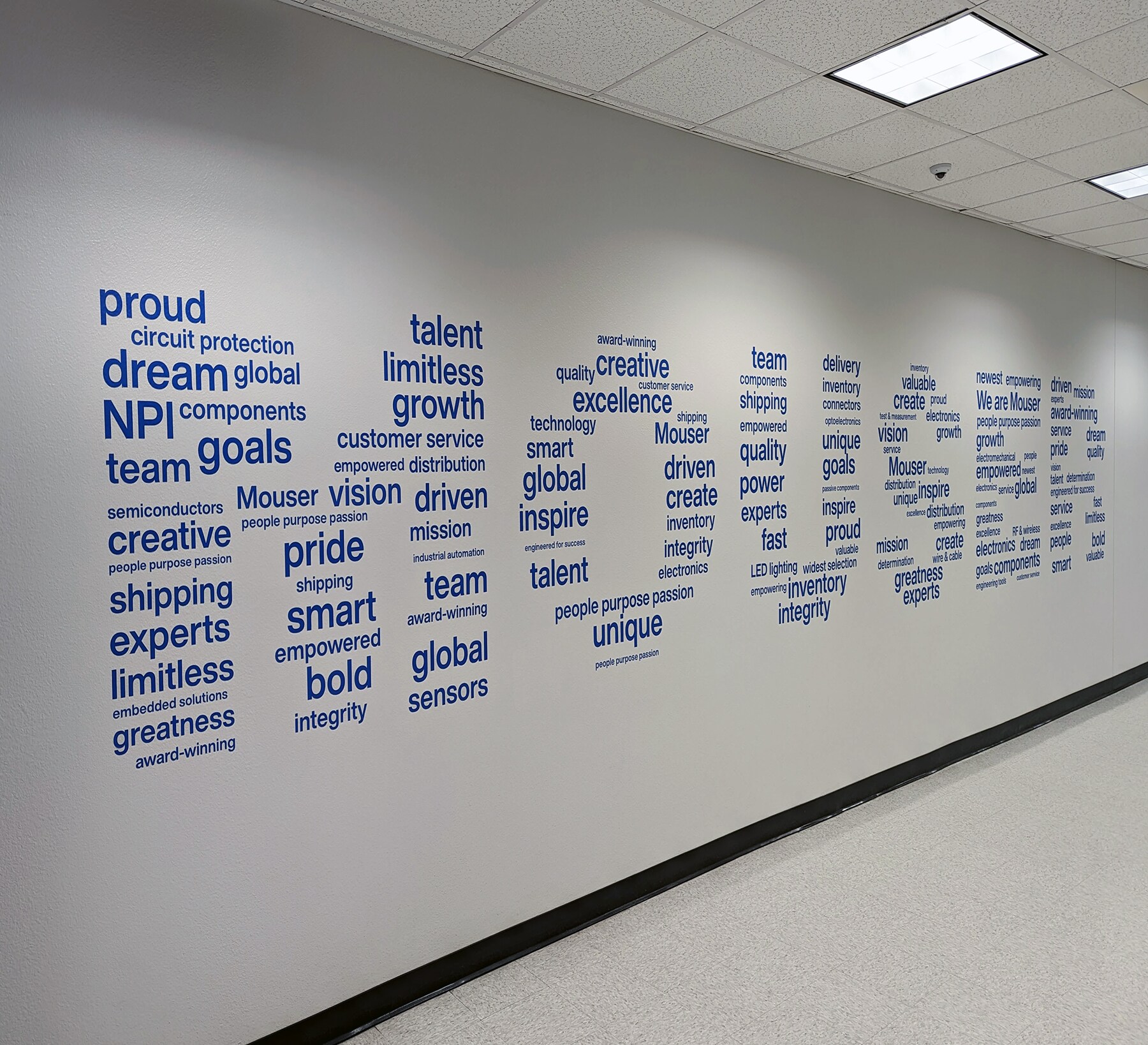 Wordcloud decal forming the word 'MOUSER' out of many words and phrases