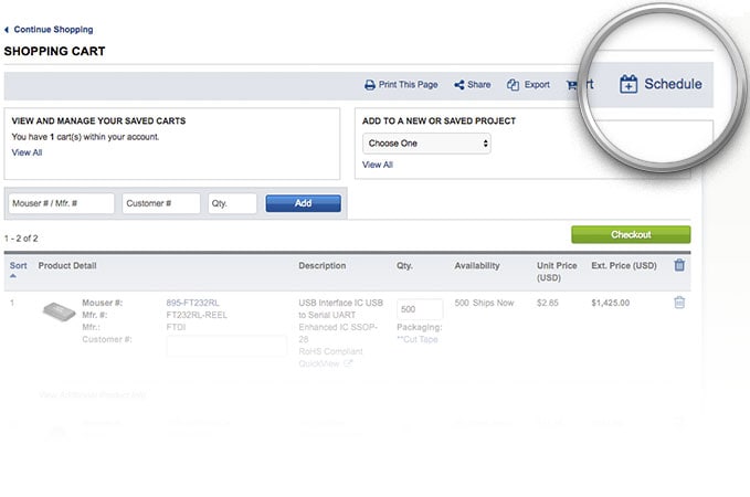 รถเข็นสินค้า Mouser ปุ่มสั่งซื้อแบบกำหนดเวลาจะถูกเน้นให้เห็นชัดในเพจรถเข็นสินค้า